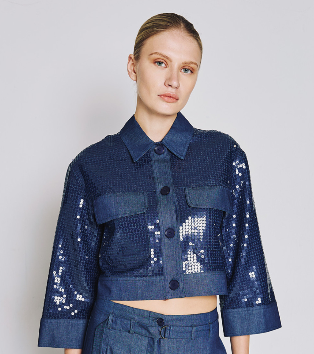 Cropped denim jacket with sequins & High-Waist Flared Pants Set