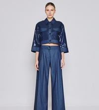 Cropped denim jacket with sequins & High-Waist Flared Pants Set