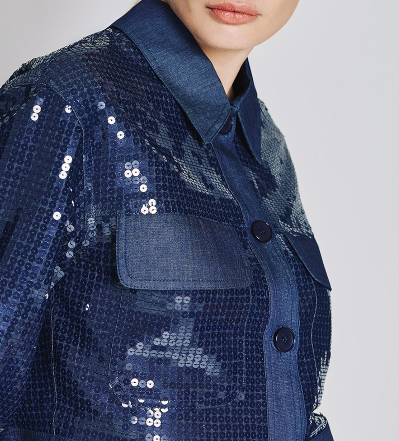 Cropped denim jacket with sequins & High-Waist Flared Pants Set