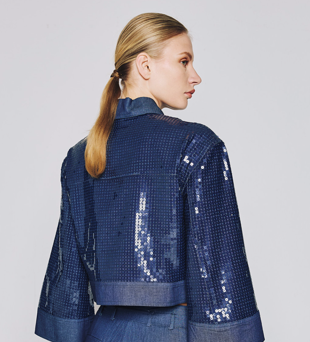 Cropped denim jacket with sequins & High-Waist Flared Pants Set
