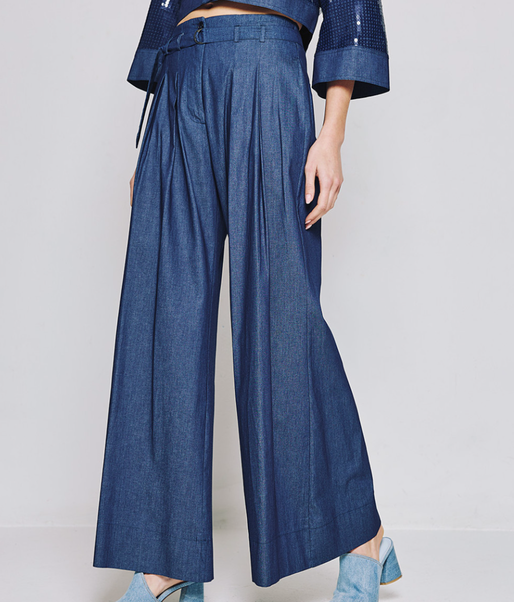 Wide Leg Light Denim Set with Sequence Jacket