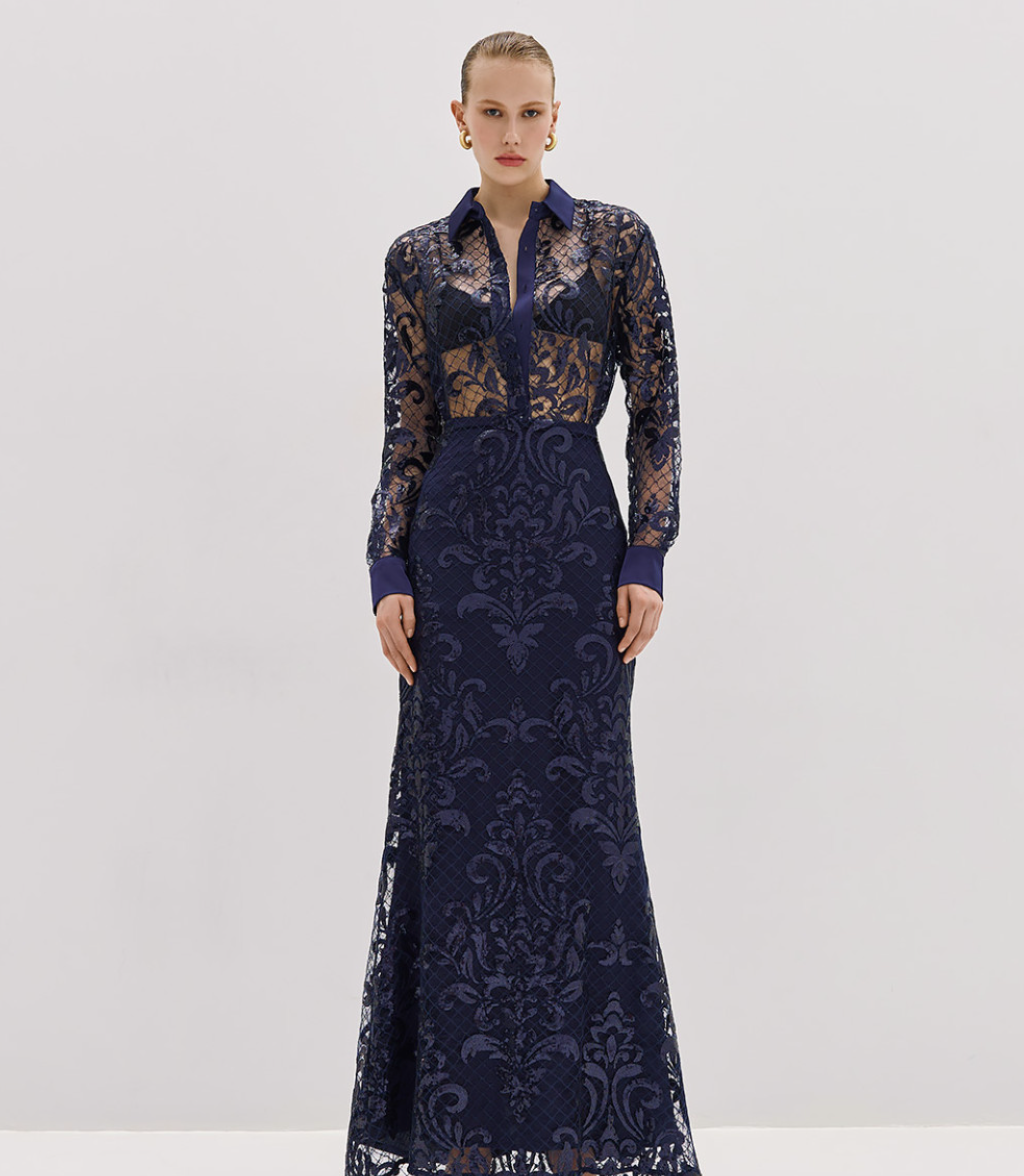 Navy Blue Mesh Blouse With Embroidery And Sequins