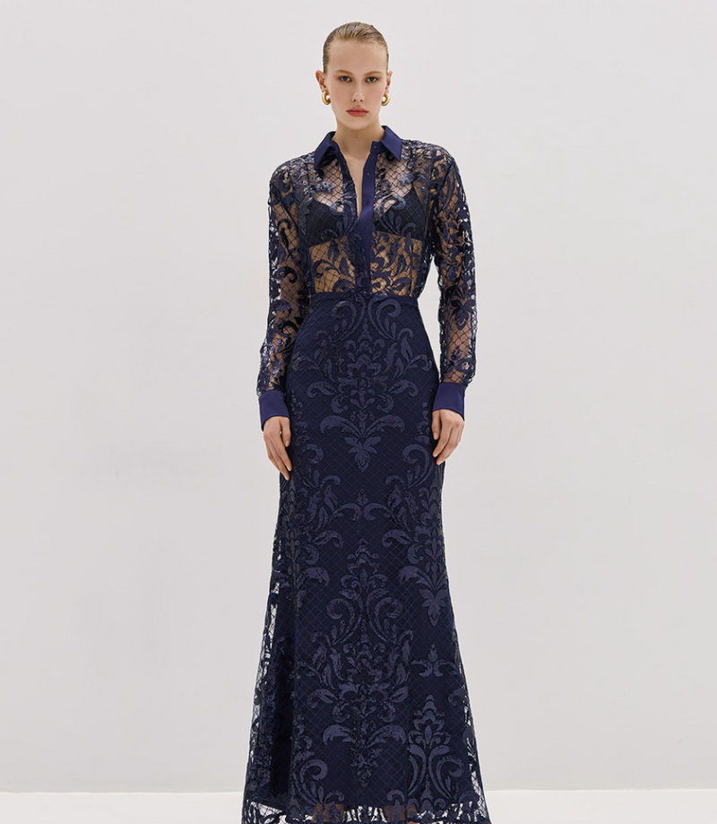 Navy Blue Mesh Blouse With Embroidery And Sequins