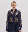 Navy Blue Mesh Blouse With Embroidery And Sequins