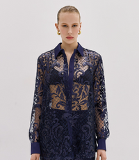Navy Blue Mesh Blouse With Embroidery And Sequins