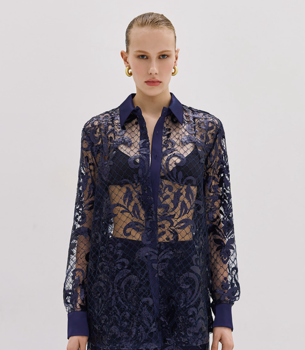 Navy Blue Mesh Blouse With Embroidery And Sequins