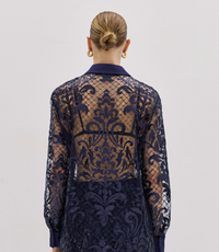 Navy Blue Mesh Blouse With Embroidery And Sequins
