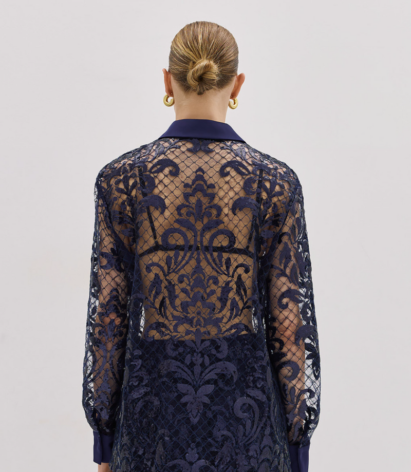 Navy Blue Mesh Blouse With Embroidery And Sequins