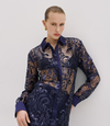 Navy Blue Mesh Blouse With Embroidery And Sequins