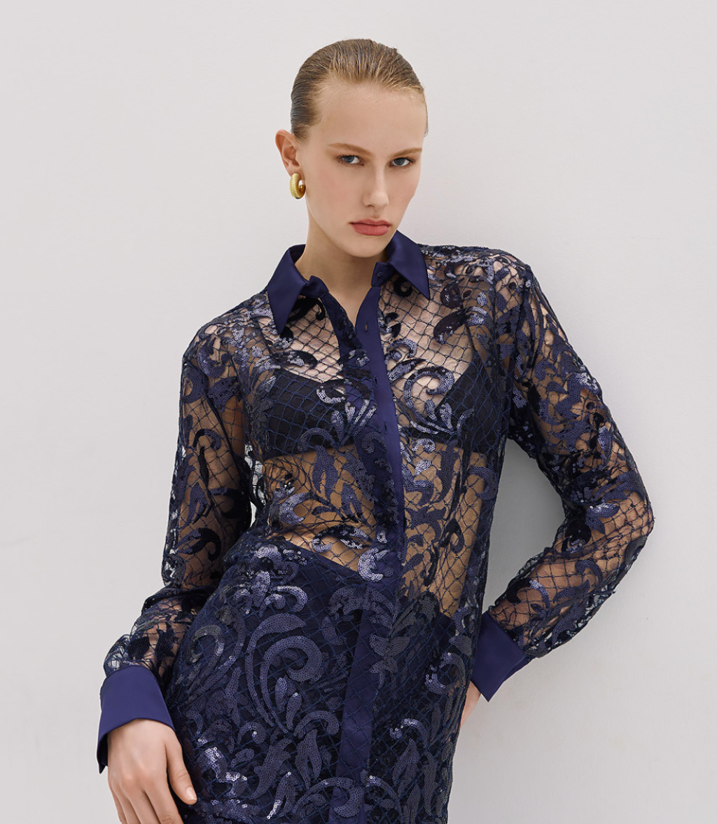 Navy Blue Mesh Blouse With Embroidery And Sequins