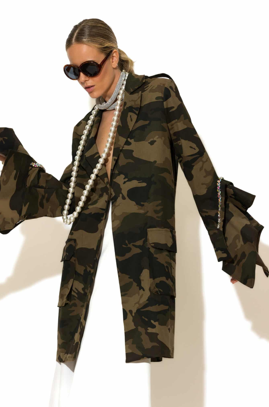 Crystal Embellished Oversized Camo Jacket