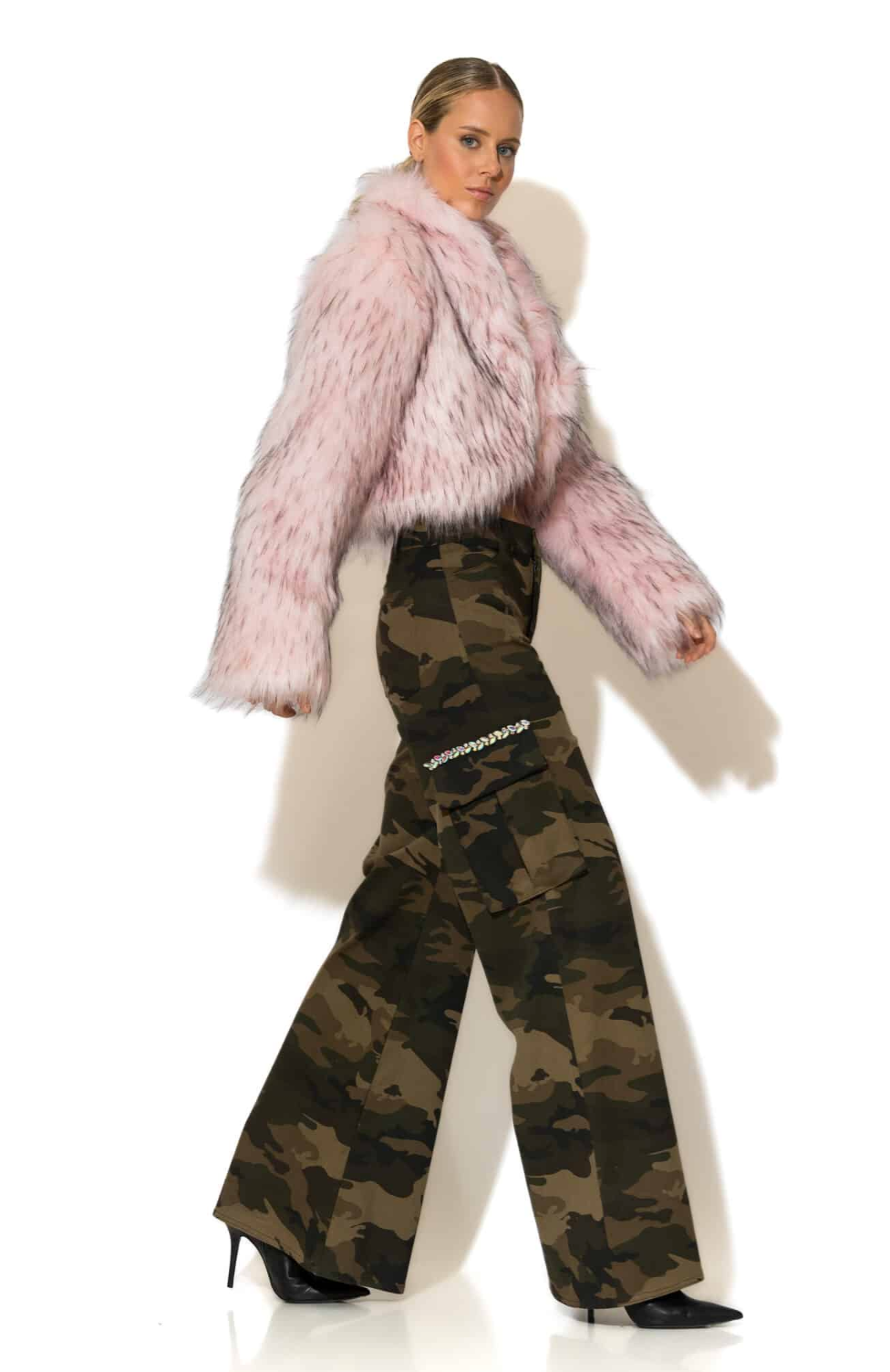 Crystal embellished Camo Print Wide-Leg Pants
