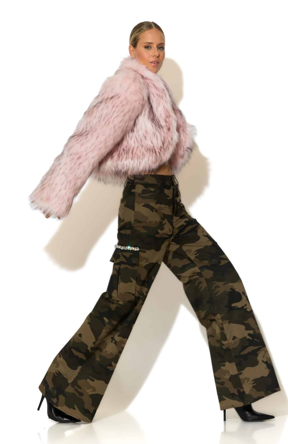 Crystal embellished Camo Print Wide-Leg Pants