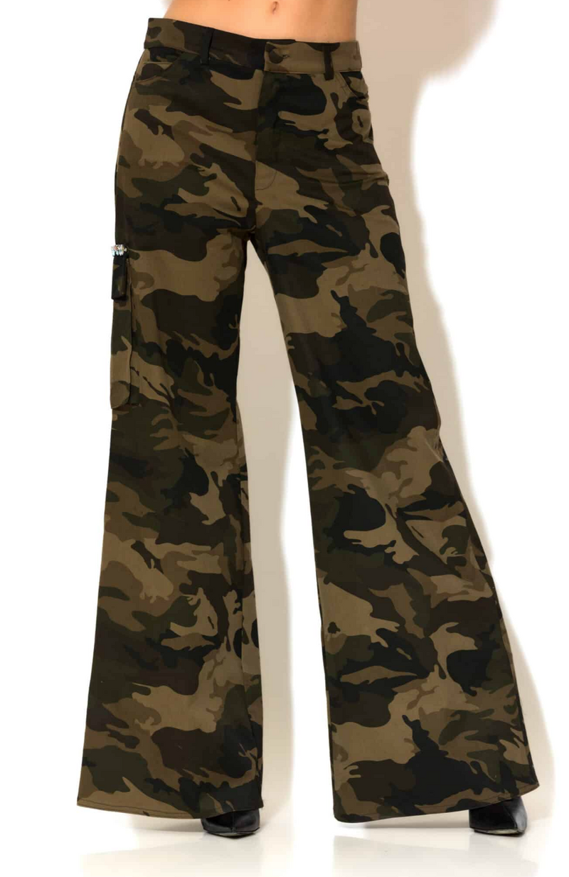 Crystal embellished Camo Print Wide-Leg Pants