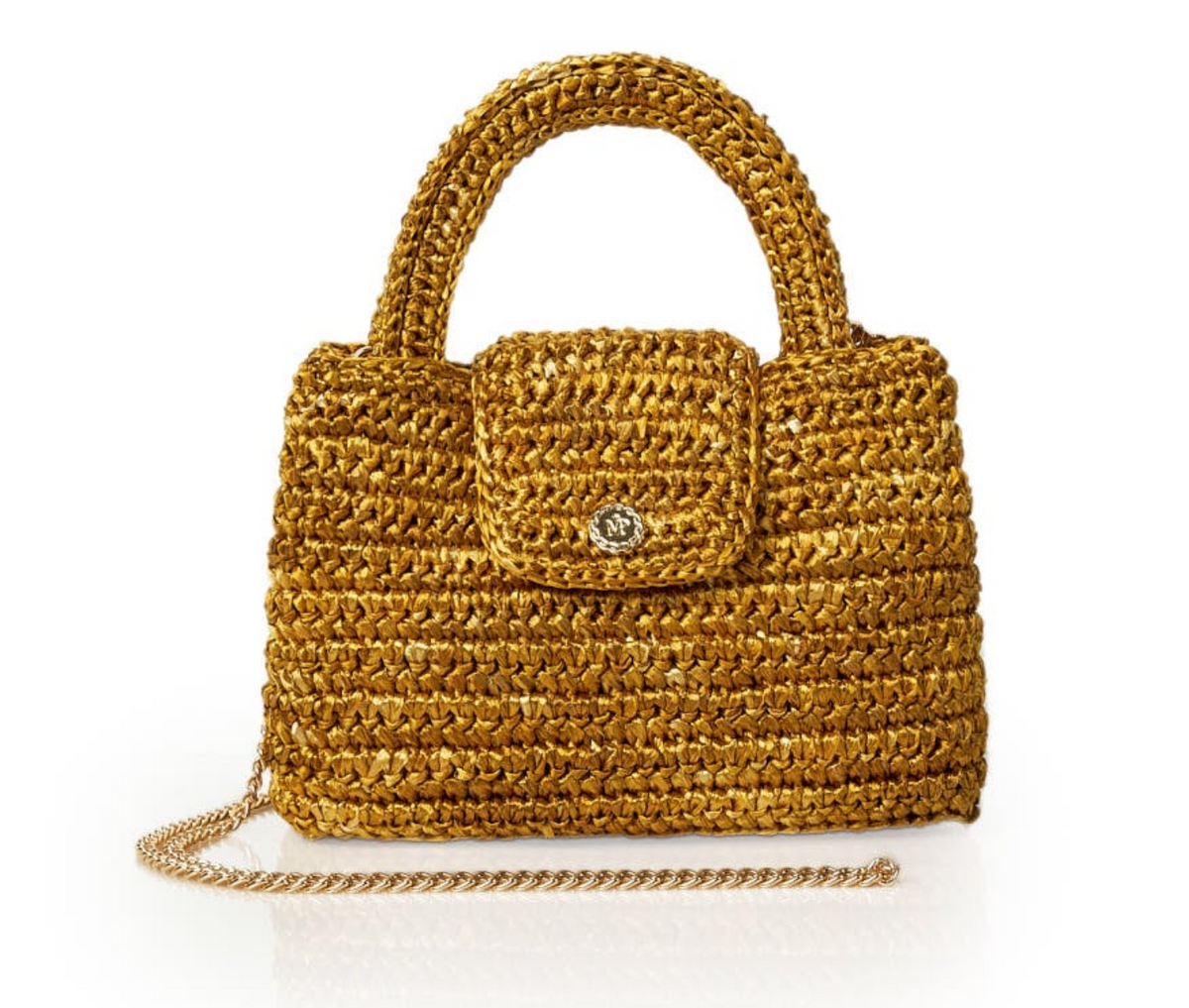 Ariel Raffia Metallic Gold Crochet Crossbody Bag
