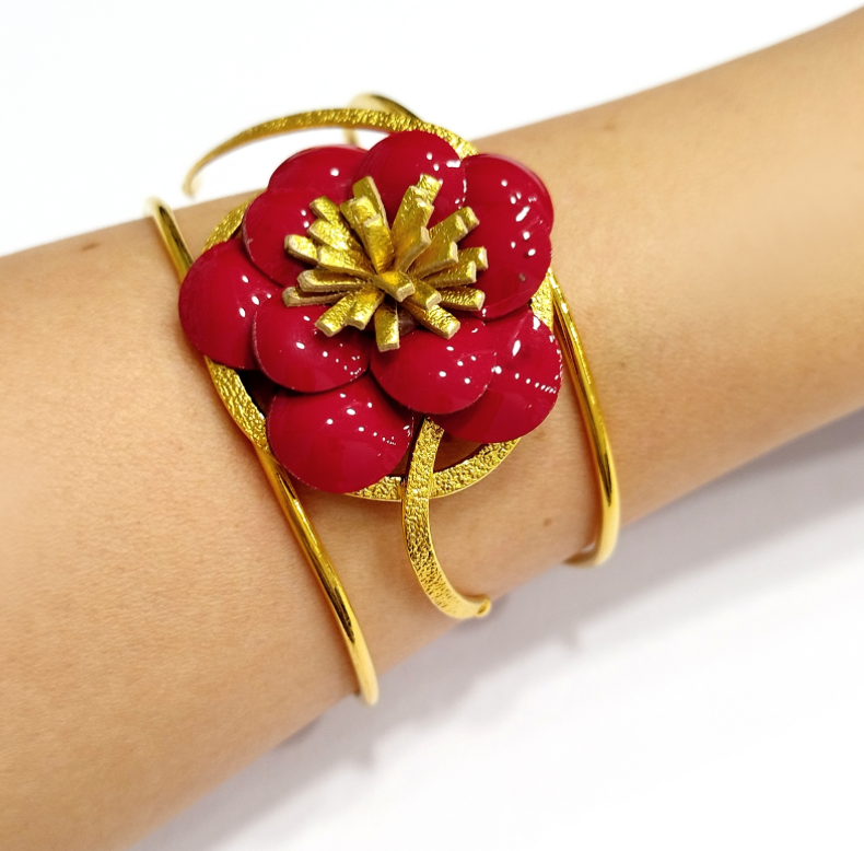 Red Camellia Flower Gold Plated Bangle