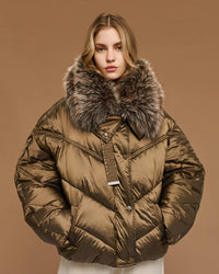 Short Olive Puffer Jacket With Faux Fur