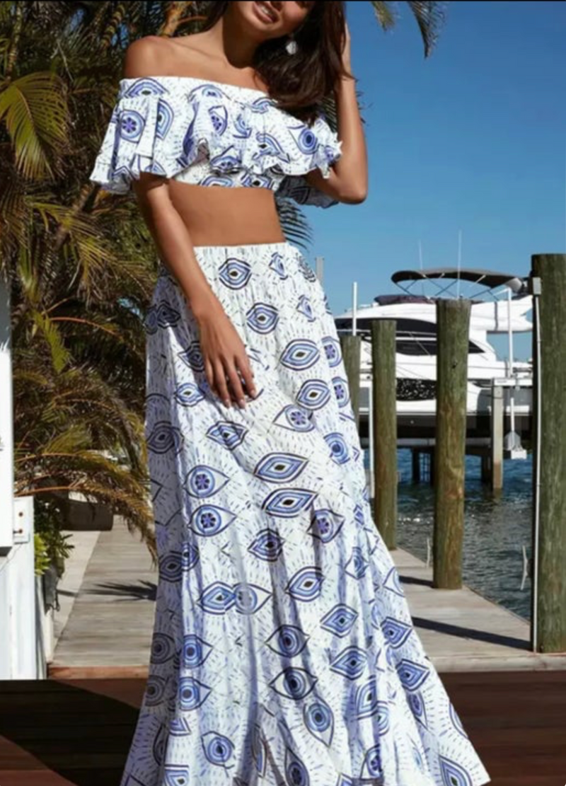 2P Evil Eye Maxi Skirt With Crop Top