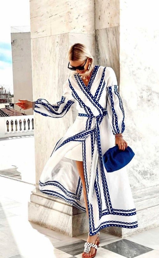 Maxi White and Blue Wrap Dress