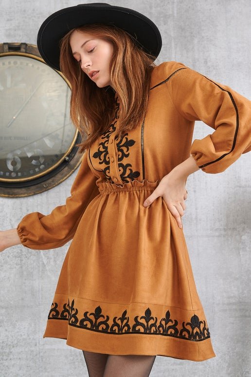 Brown With Black Embroidery Dress