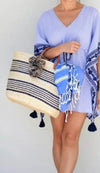 Bohemian Striped Pom-Pom Straw Bag